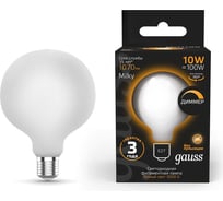 Лампа Gauss Filament, G95, 10W, 1070lm, 3000К, Е27, milky, диммируемая, LED, 1/20 189202110-D 16436778