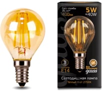 Лампа Gauss Filament, шар, 5W, 400lm, 2700К, Е14, golden, LED 105801005 16436094