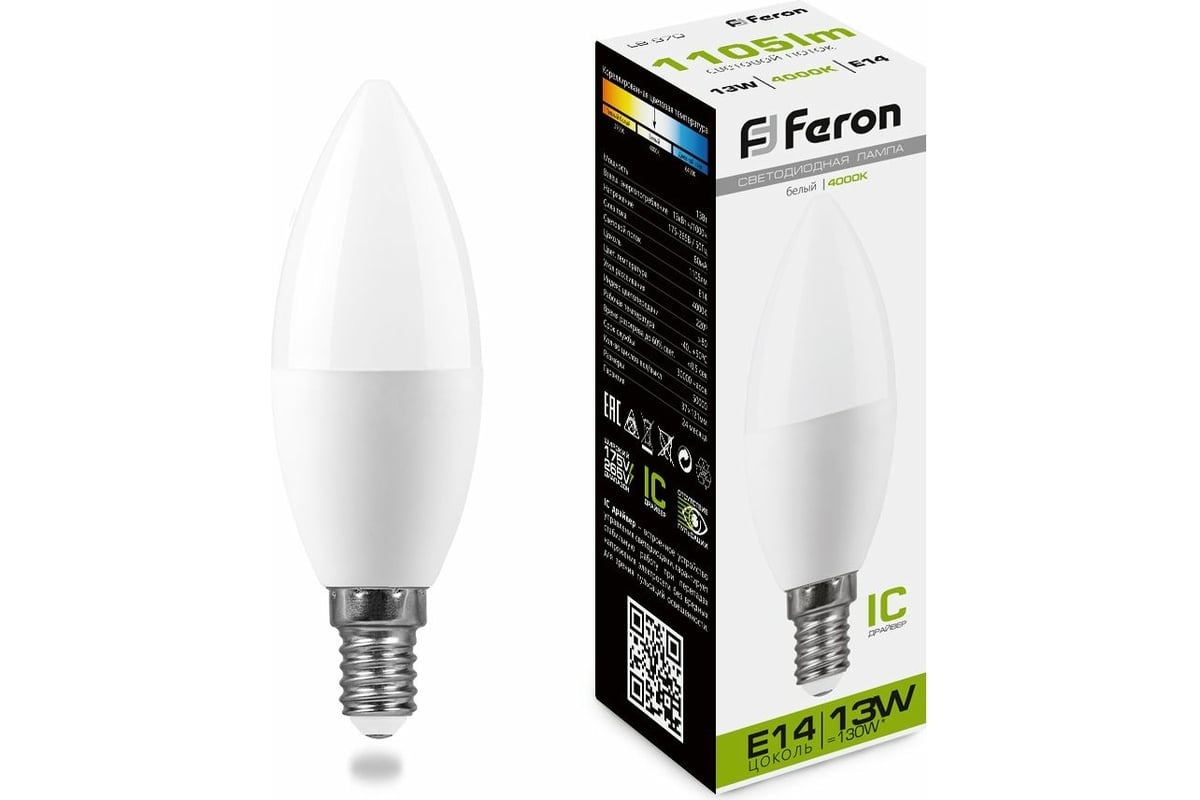 Светодиодная лампа FERON LB-970, 13W, 230V E14 4000K свеча 38108 - выгодная  цена, отзывы, характеристики, фото - купить в Москве и РФ