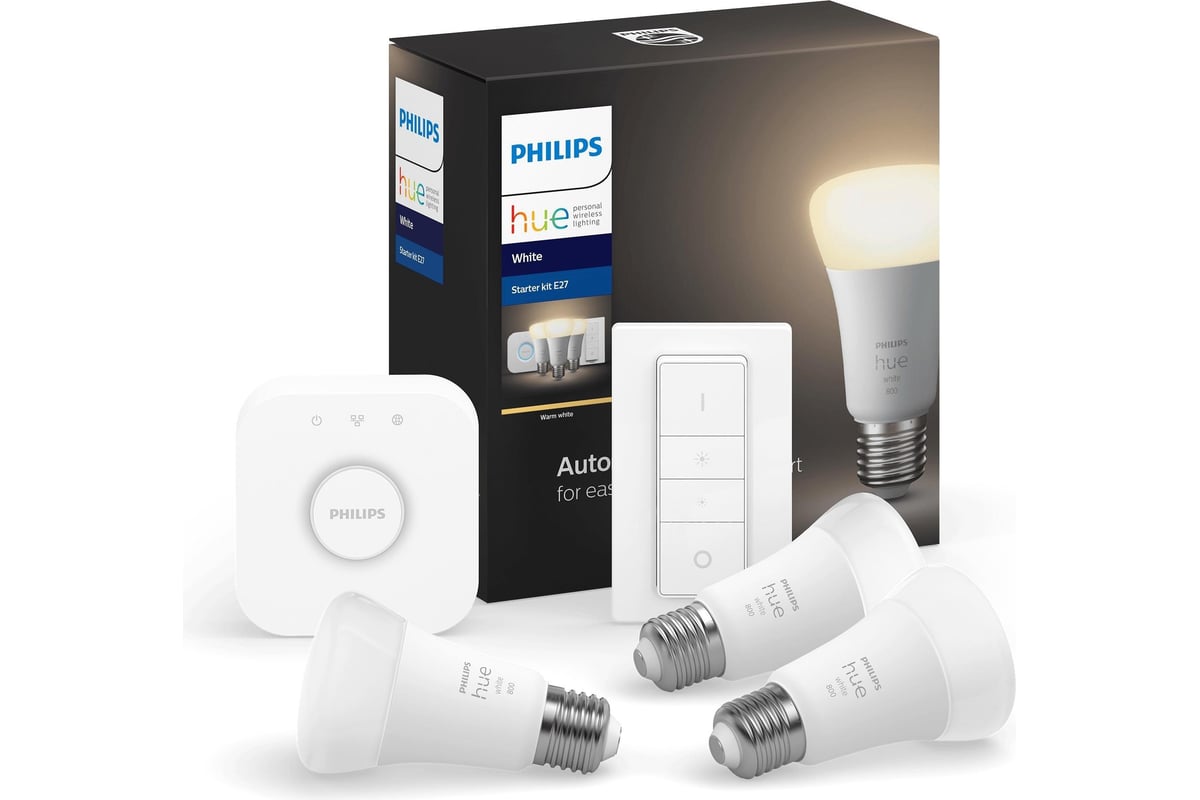 Набор из 3 белых ламп блока управления и диммера Philips Hue 929001821618  9W A60 E27 - выгодная цена, отзывы, характеристики, фото - купить в Москве  и РФ