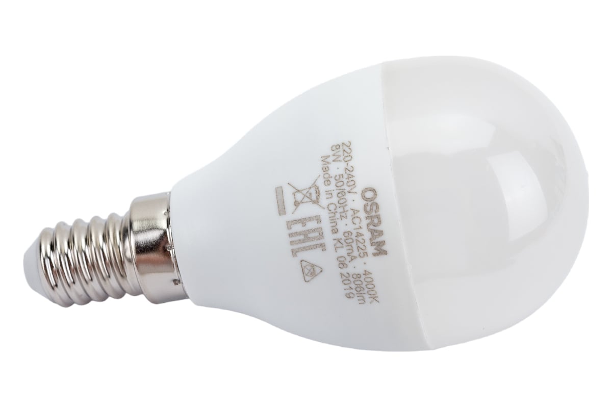 Светодиодная лампа OSRAM LED STAR, P, шар, 7,5 Вт, E14, 806 Лм, 4000 К,  нейтральный белый свет 4058075210837 - выгодная цена, отзывы,  характеристики, фото - купить в Москве и РФ