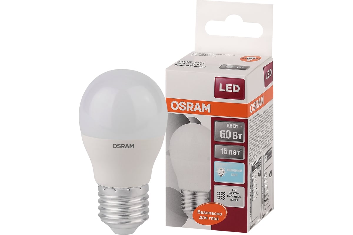 Лампа светодиодная OSRAM E27, G45, 6.5Вт