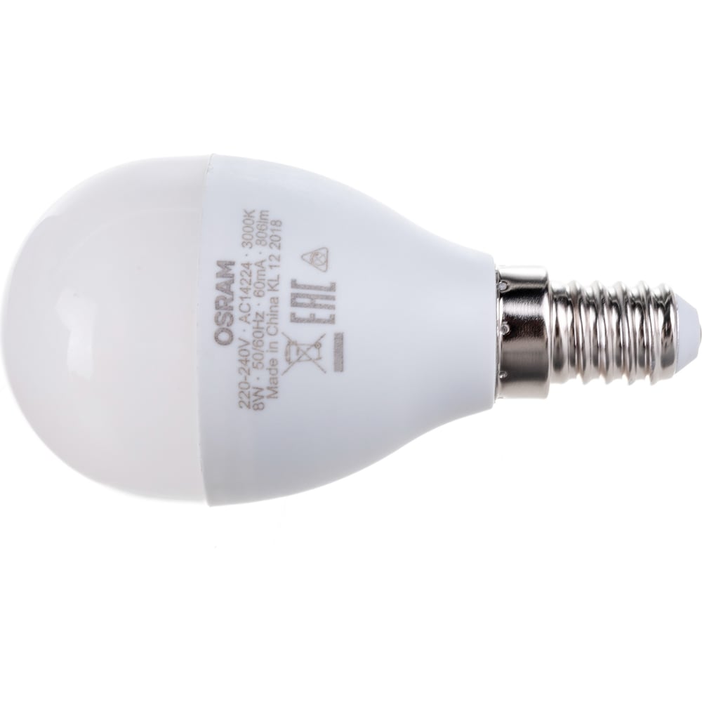 Светодиодная лампа OSRAM LED STAR, P, шар, 8 Вт, E14, 806 Лм, 2700 К,  теплый белый свет 4058075210806 - выгодная цена, отзывы, характеристики,  фото - купить в Москве и РФ