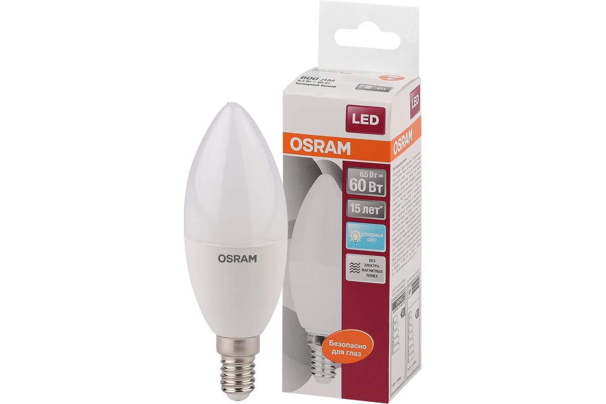 Светодиодная лампа OSRAM LED STAR, B, свеча, 6.5Вт, E14, 550Лм, 4000К,  нейтральный белый свет 4058075134140 - выгодная цена, отзывы,  характеристики, фото - купить в Москве и РФ