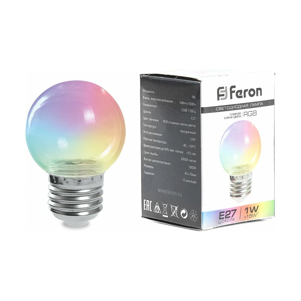 Светодиодная лампа feron lb-371, g60 шар, 3w 230v e27 rgb, угол рассеивания 220 38133