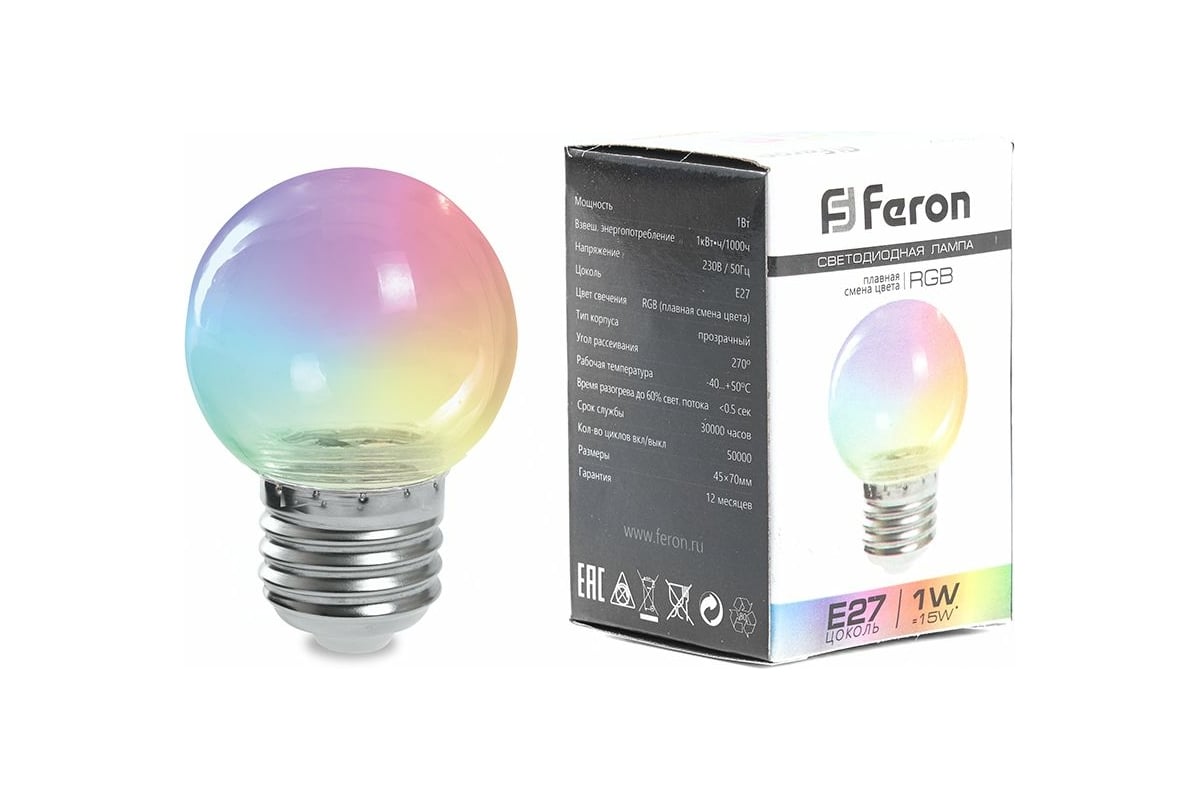 Светодиодная лампа FERON LB-371, G60 шар, 3W 230V E27 RGB, угол рассеивания  220 38133