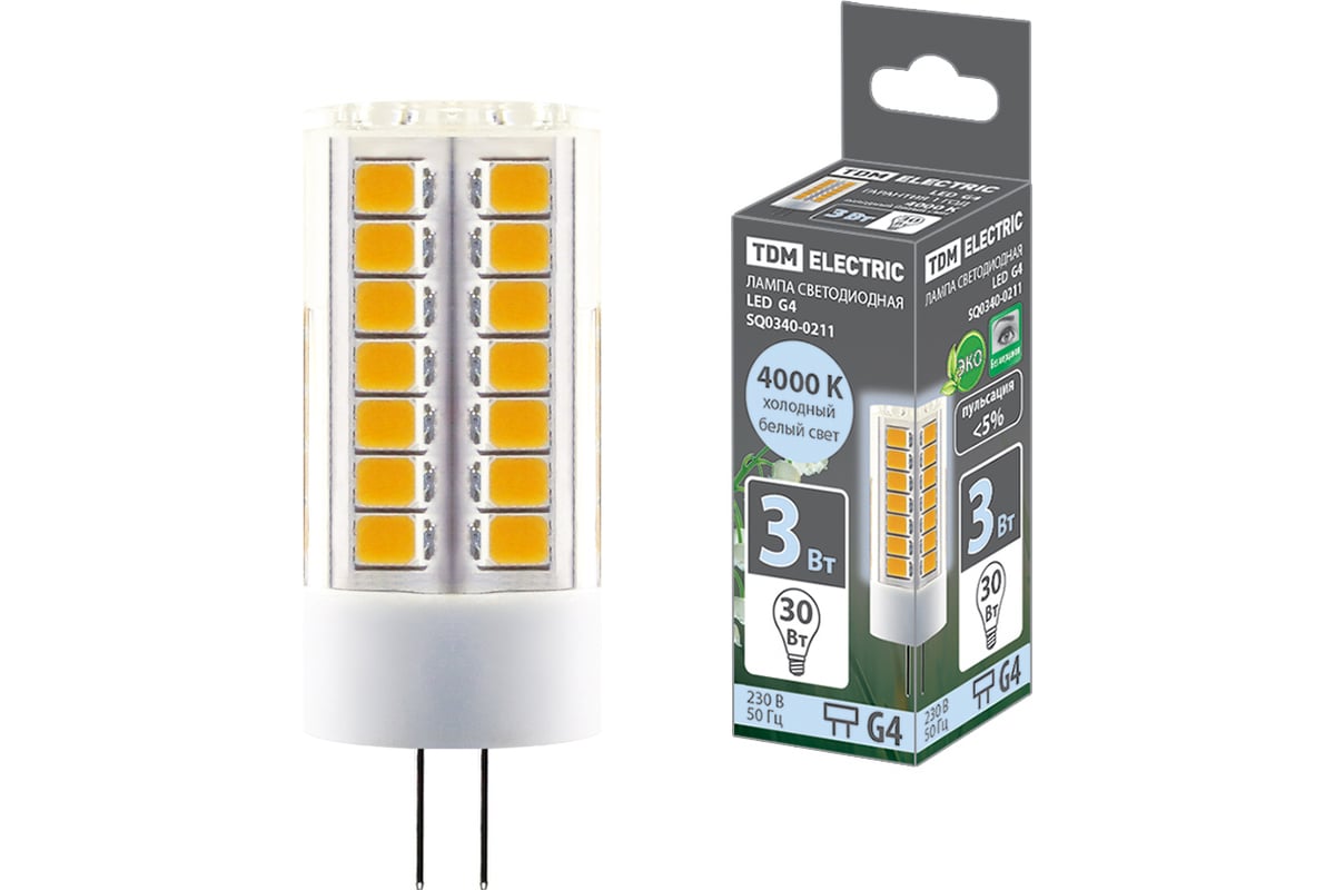 Светодиодная лампа TDM G4-3 Вт-230 В-4000 К, SMD, 16x43 мм SQ0340-0211 ...