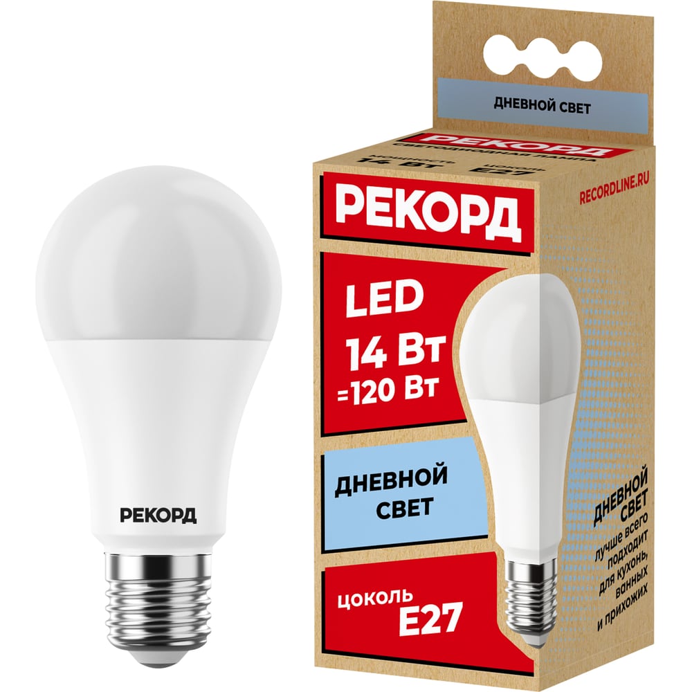 Светодиодная лампа рекорд led a60 14w e27 4000k 24369