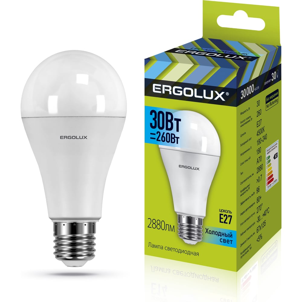 Светодиодная лампа Ergolux LED-A70-30W-E27-4K ЛОН, 30Вт, E27, 4500K  180-240В 14229 - выгодная цена, отзывы, характеристики, фото - купить в  Москве и РФ