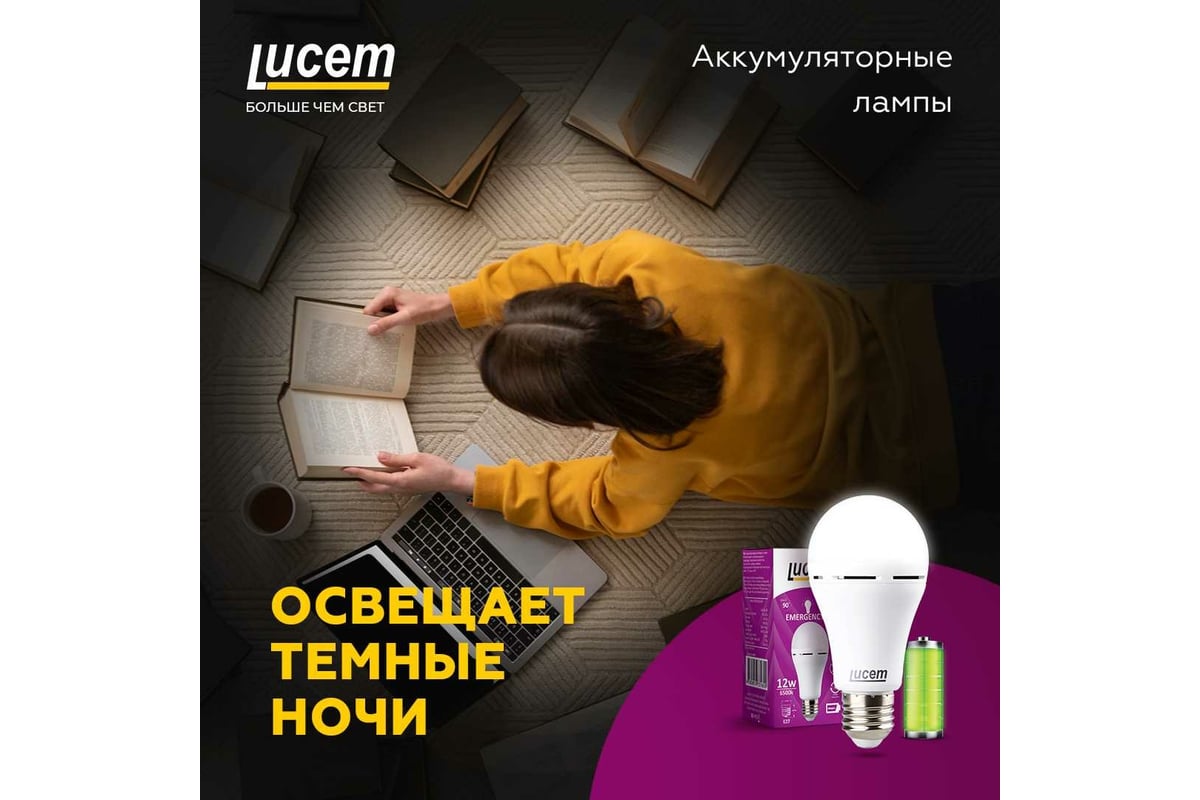 Светодиодная лампа Lucem с аккумулятором LM-EBL 12W 6500K E27 FLEBL122765L  - выгодная цена, отзывы, характеристики, фото - купить в Москве и РФ