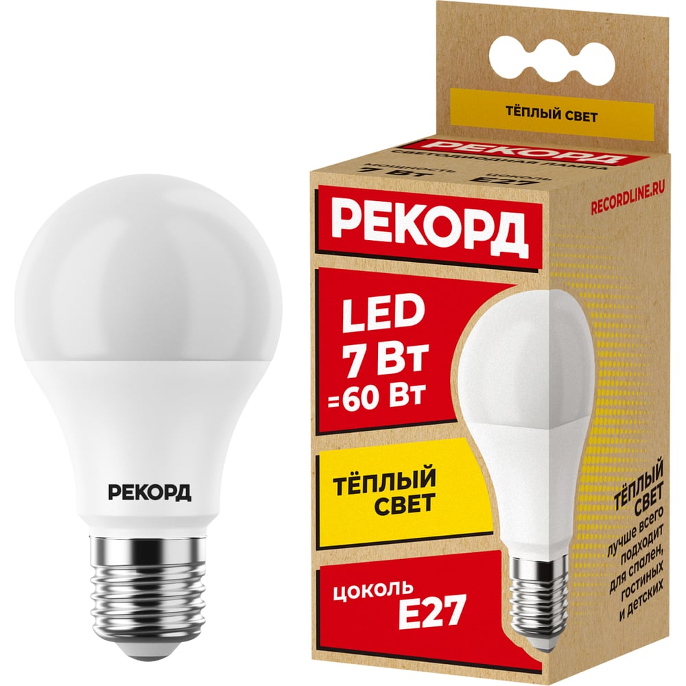 Светодиодная лампа РЕКОРД LED А60 7W Е27 3000К 23873 - выгодная цена,  отзывы, характеристики, фото - купить в Москве и РФ