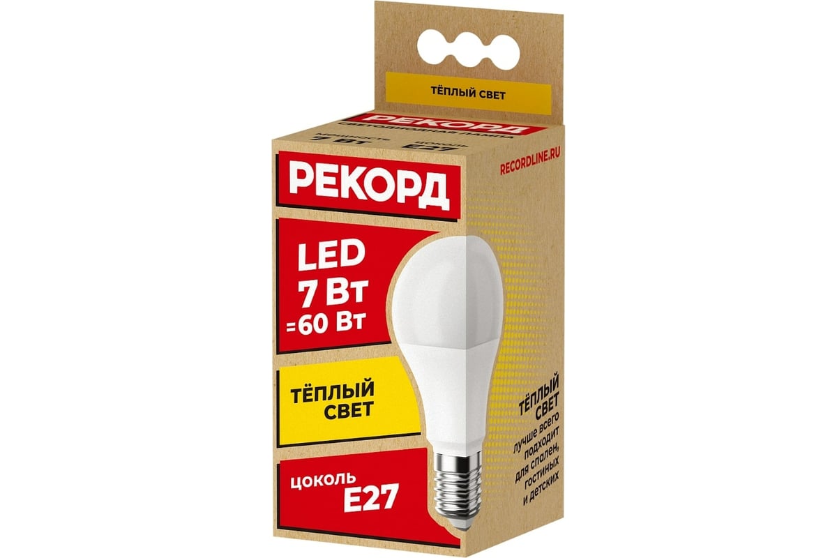 Светодиодная лампа РЕКОРД LED А60 7W Е27 3000К 23873 - выгодная цена,  отзывы, характеристики, фото - купить в Москве и РФ