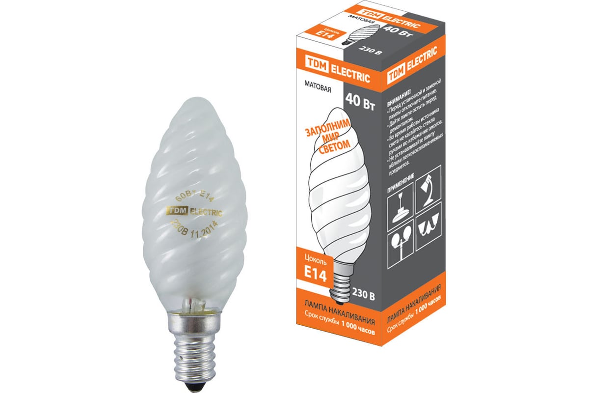 Лампа накаливания витая свеча матовая TDM 40 Вт-230 В-Е14 SQ0332-0021 ...