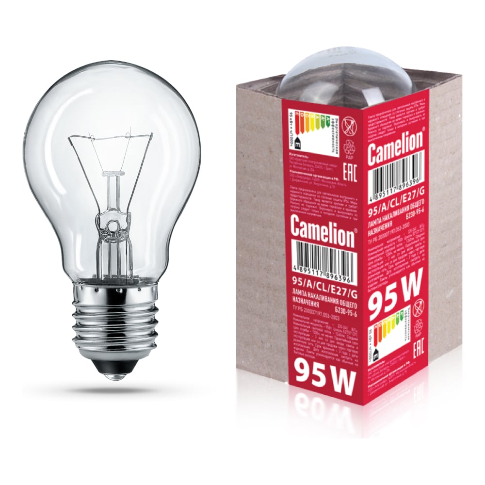 Лампа накаливания Camelion 95/A/CL/E27/G (с прозрачной колбой, ЛОН ...