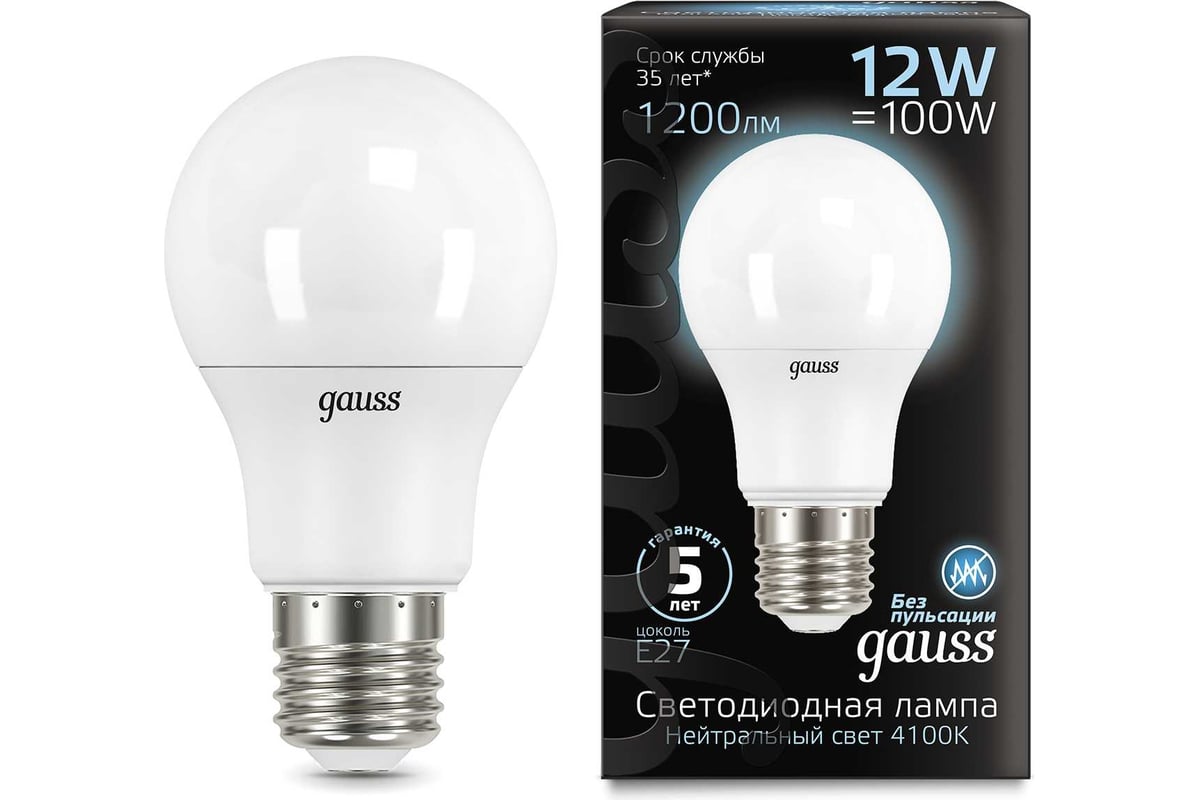 Лампа LED A60 globe 12W E27 4100K Gauss 102502212 - выгодная цена, отзывы,  характеристики, 1 видео, фото - купить в Москве и РФ