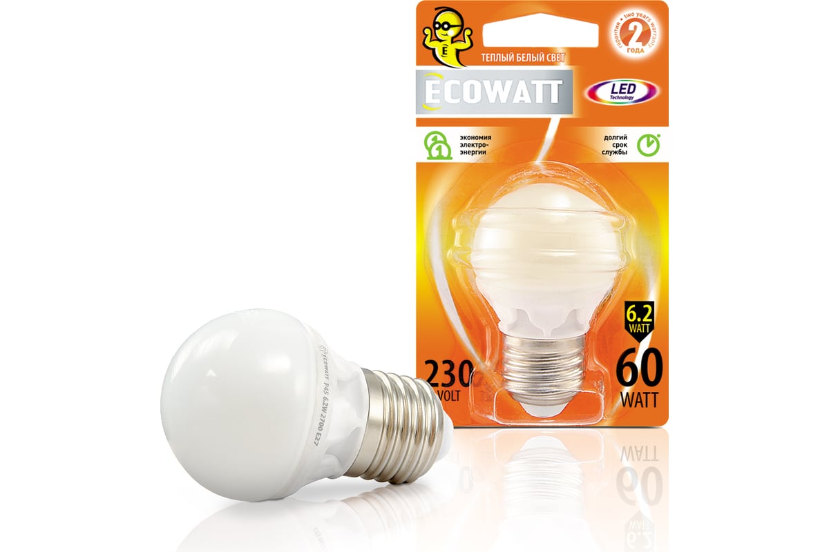 Светодиодная лампа ECOWATT P45 230В аналог 60W 2700K E27 теплый белый свет  шарик 4606400419273 - выгодная цена, отзывы, характеристики, фото - купить  в Москве и РФ