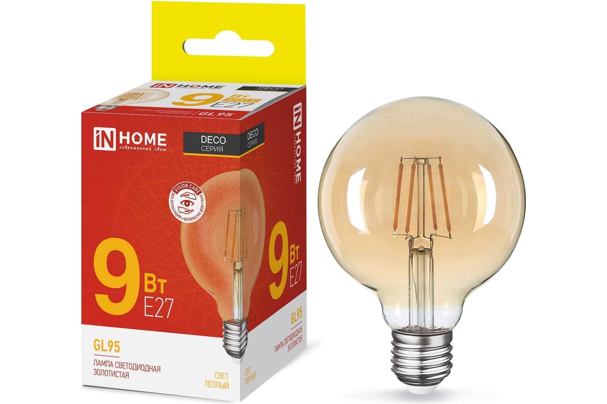 Светодиодная лампа IN HOME LED-GL-95-deco gold 9Вт 230В Е27 3000К 1040Лм  золотистая 4690612036465