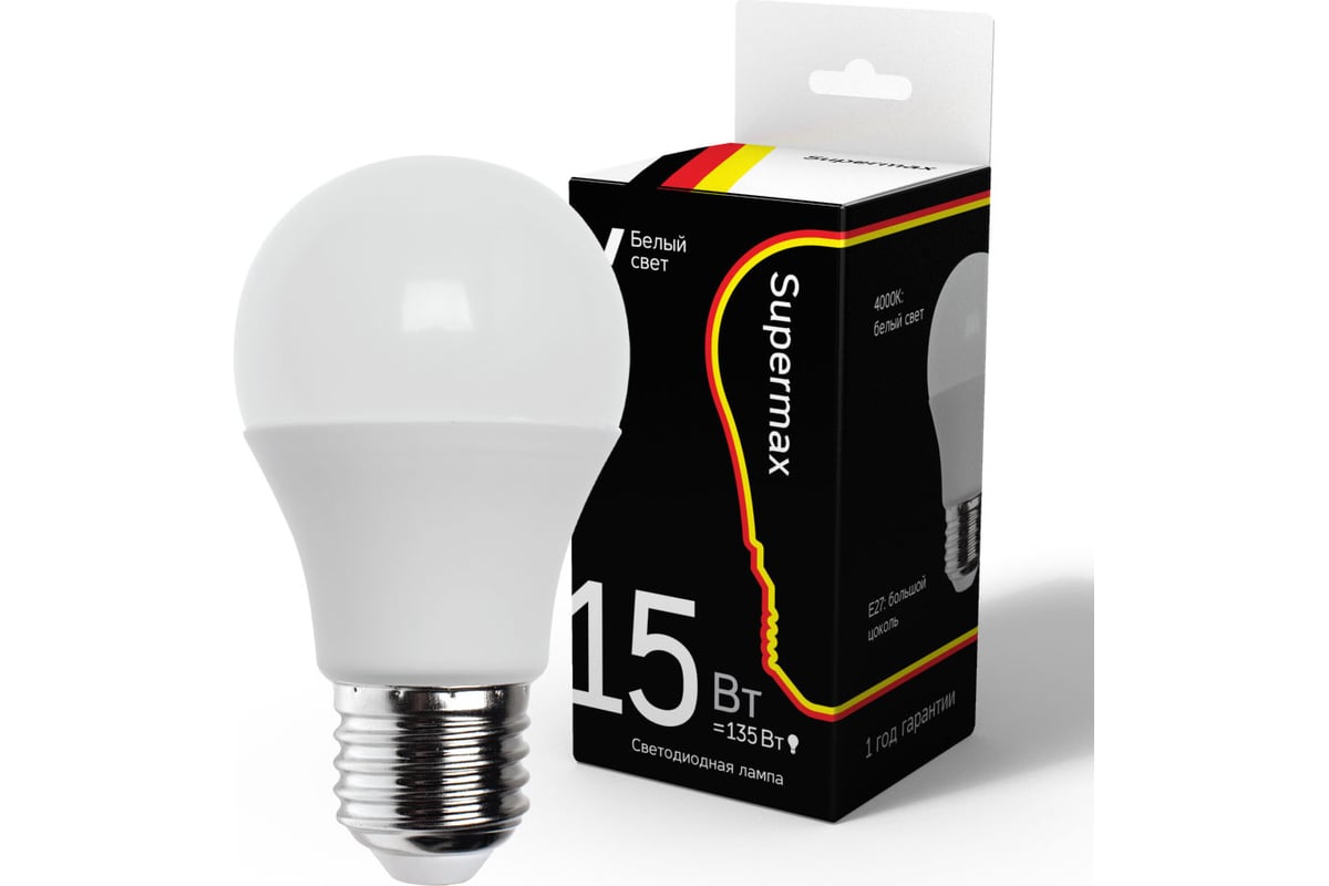 Светодиодная лампа Supermax LED 15Вт A60 220В E27 4000K, Sup_LED15wA60E2740