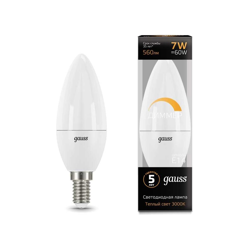 Светодиодная лампа Gauss Свеча 7W 560lm 3000К Е14 диммируемая LED 1/10 ...