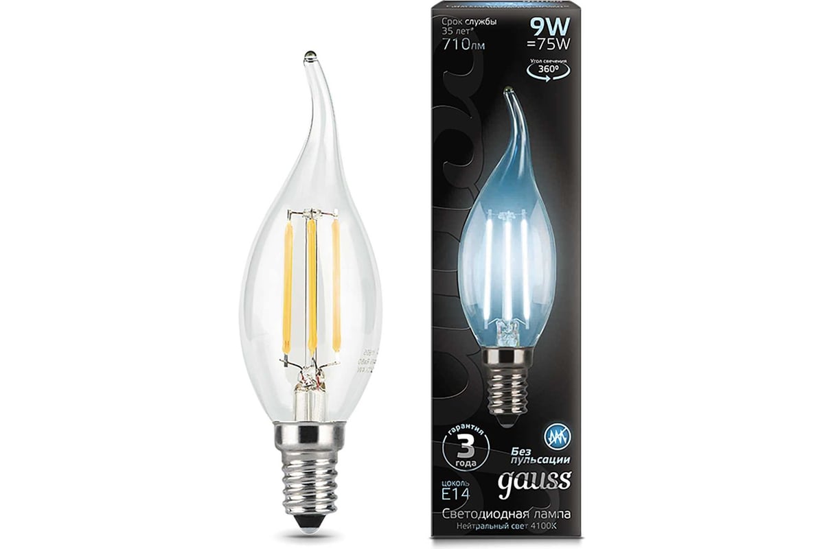 Лампа Gauss LED Filament Свеча на ветру E14 9W 710lm 4100K 104801209 ...