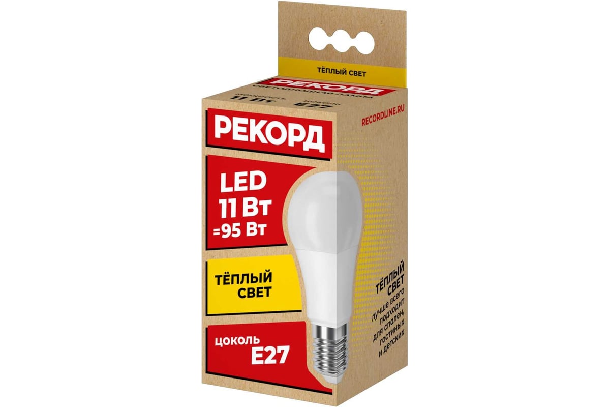 Светодиодная лампа РЕКОРД LED А60 11W Е27 3000К 23984 - выгодная цена,  отзывы, характеристики, фото - купить в Москве и РФ