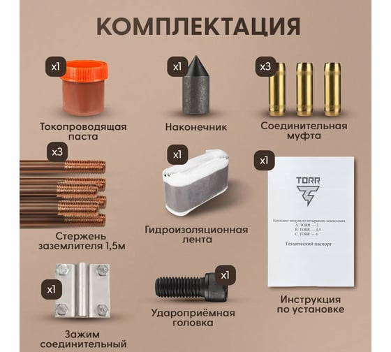 Комплект заземления TORR Медь, 9м, 16мм 6194768