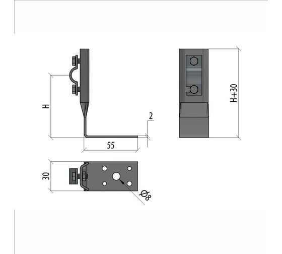 Угловой болтовой держатель Система КМ для прутка Ø 5-10 мм H60 мм INOX304 MA0135 UDB-H60-D5-10 INOX304
