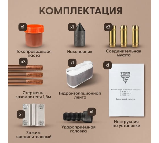 Комплект заземления TORR - 4,5м омедненный с насадкой sds-max 6190954