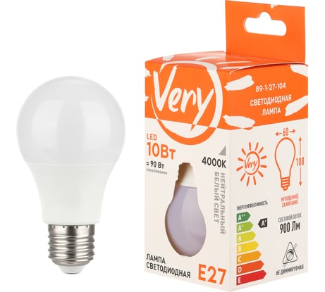Светодиодная лампа Very груша A60, 10Вт, 4000К, E27, 1 шт. 89-1-27-104