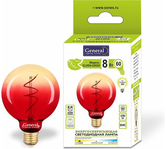 Светодиодная лампа General Lighting Systems Филамент прозрачный E27 8Вт 400Лм 2700К Теплый белый Шар GLDEN-G95S-MC-8-230-E27-R-2700 661409