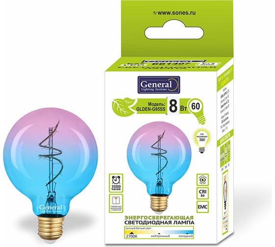 Светодиодная лампа General Lighting Systems Филамент прозрачный E27 8Вт 400Лм 2700К Теплый белый Шар GLDEN-G95S-MC-8-230-E27-B-2700 661407