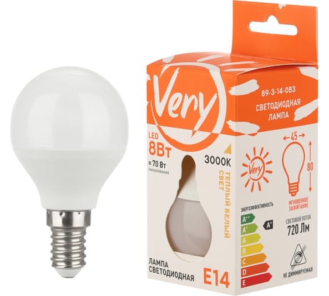Светодиодная лампа Very шар GL45, 8Вт, 3000К, E14, (шт.) 89-3-14-083