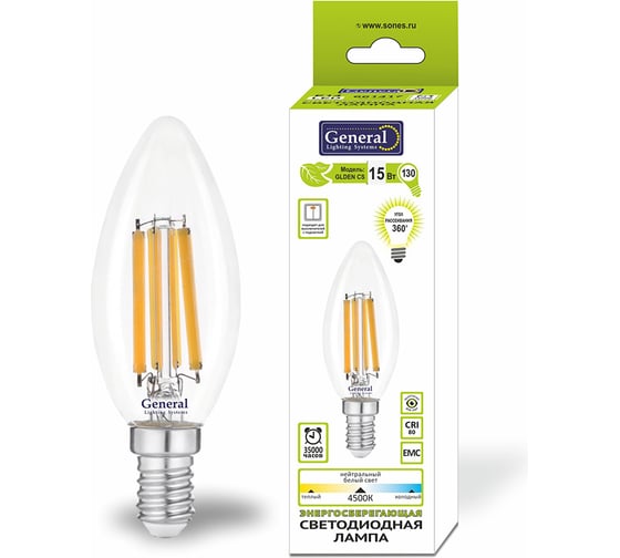 Светодиодная лампа General Lighting Systems Филамент прозрачный E14 15Вт 230В 1050Лм 2700К Теплый белый свет Свеча GLDEN-CS-15-230-E14-2700 661416