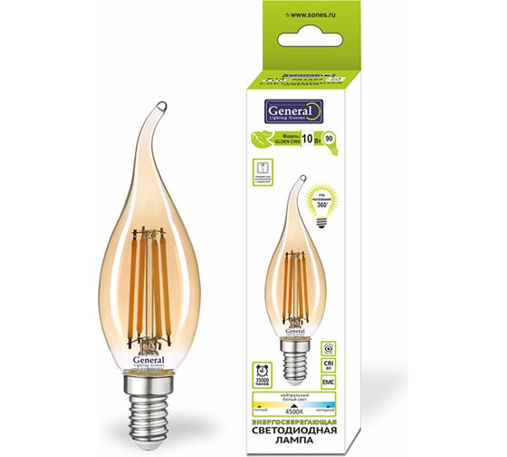 Светодиодная лампа General Lighting Systems Филамент прозрачный золотой E14 10Вт 650Лм Теплый белый Свеча на ветру GLDEN-CWS-10-230-E14-2700 661422