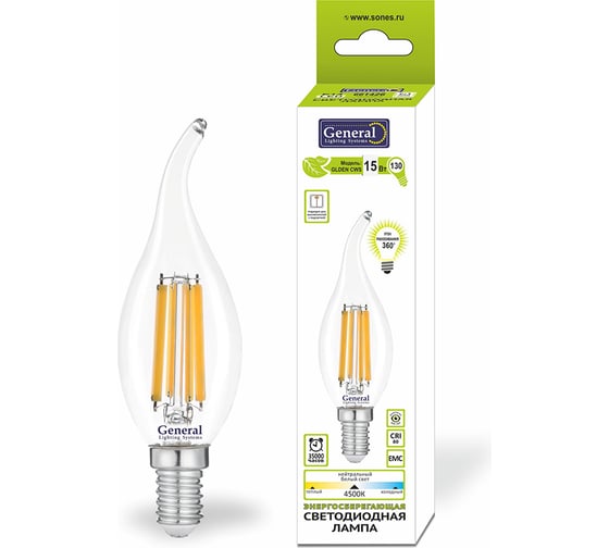 Светодиодная лампа General Lighting Systems Филамент прозрачный E14 15Вт 1050Лм 2700К Теплый белый Свеча на ветру GLDEN-CWS-15-230-E14-2700 661425