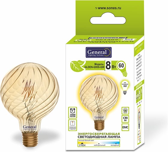 Светодиодная лампа General Lighting Systems Филамент прозрачный золотой E27 8Вт 400Лм 2700К Теплый белый свет Шар GLDEN-G95S-GW-8-230-E27-2700 661402