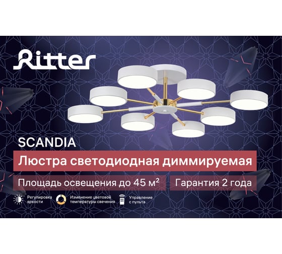 Потолочная люстра RITTER LED диммер SCANDIA ДУ 860x665x180 120Вт 2700K/4200K/6400K 45м сер/з 51629 7