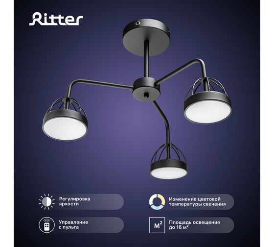 Люстра RITTER светодиодная диммируемая MATTINO с ДУ 3 режима 600x300 48Вт 2700/4200/6400 16м чер 51593 1