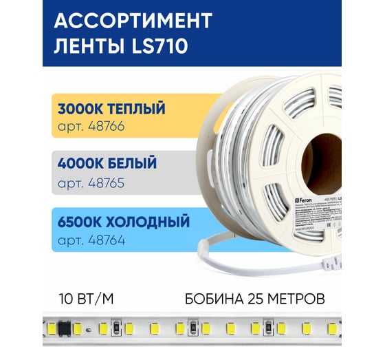 Светодиодная лента FERON 120smd(2835)/м 10вт/м 220v длина 25м, 3000k, ip65, ls710, 48766