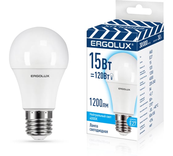 Электрическая светодиодная лампа Ergolux LED-A60-15W-E27-4K ЛОН 15Вт Е27 4500К 13638