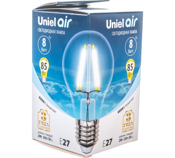 Светодиодная лампа Uniel LED-A60-8W/NW/E27/CL GLA01TR Форма A, прозрачная UL-00002212