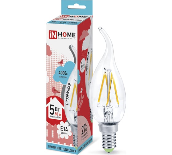 Светодиодная лампа IN HOME LED-СВЕЧА НА ВЕТРУ-deco 5Вт 230В Е14 4000К 450Лм 4690612007632 1