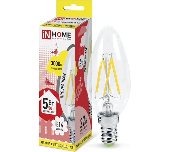 Светодиодная лампа IN HOME LED-СВЕЧА-deco 5Вт 230В Е14 3000К 450Лм прозрачная 4690612007564 1