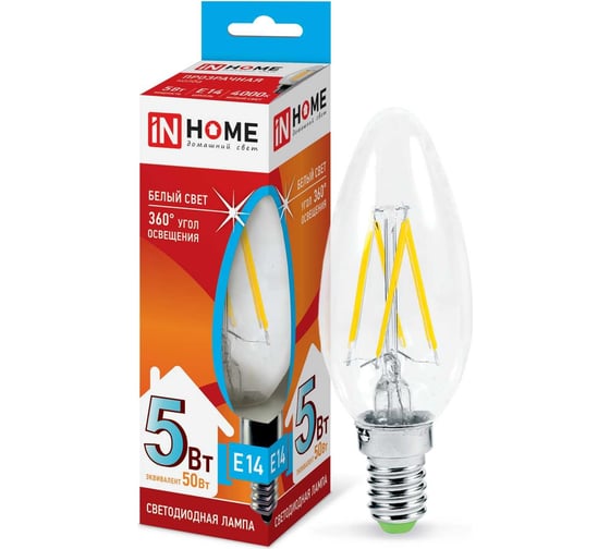 Светодиодная лампа IN HOME LED-СВЕЧА-deco 5Вт 230В Е14 4000К 450Лм 4690612007571