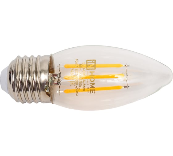 Светодиодная лампа IN HOME LED-СВЕЧА-deco 5Вт 230В Е27 3000К 450Лм прозрачная 4690612007588