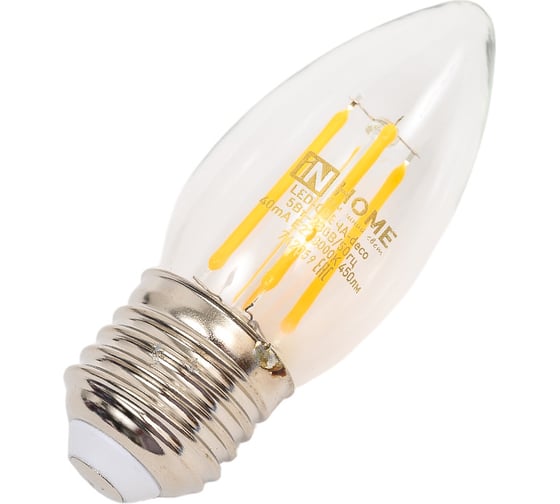 Светодиодная лампа IN HOME LED-СВЕЧА-deco 5Вт 230В Е27 3000К 450Лм прозрачная 4690612007588