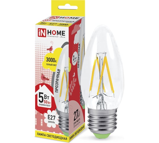 Светодиодная лампа IN HOME LED-СВЕЧА-deco 5Вт 230В Е27 3000К 450Лм прозрачная 4690612007588