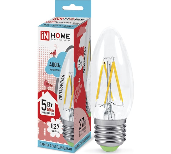 Светодиодная лампа IN HOME LED-СВЕЧА-deco 5Вт 230В Е27 4000К 450Лм прозрачная 4690612007595 1