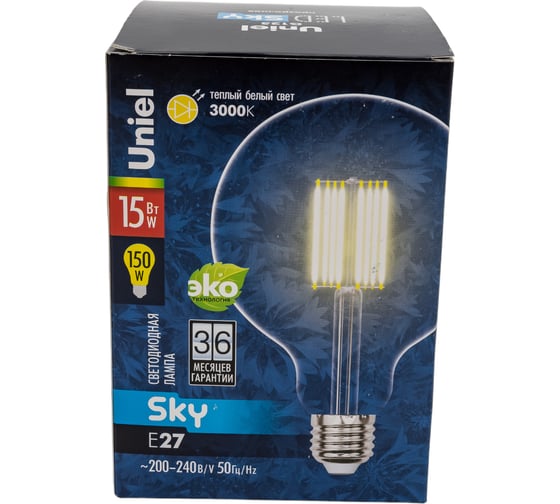 Лампа Uniel LED-G125-15W/3000K/E27/CL PLS02WH Форма шар, прозрачная UL-00004860