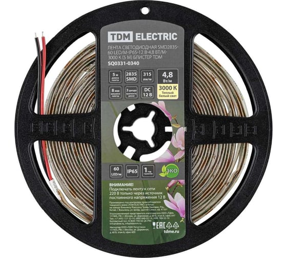 Светодиодная лента TDM ELECTRIC SMD2835-60 LED/м-IP65-12 В-4,8 Вт/м-3000 К (5 м) блистер SQ0331-0340